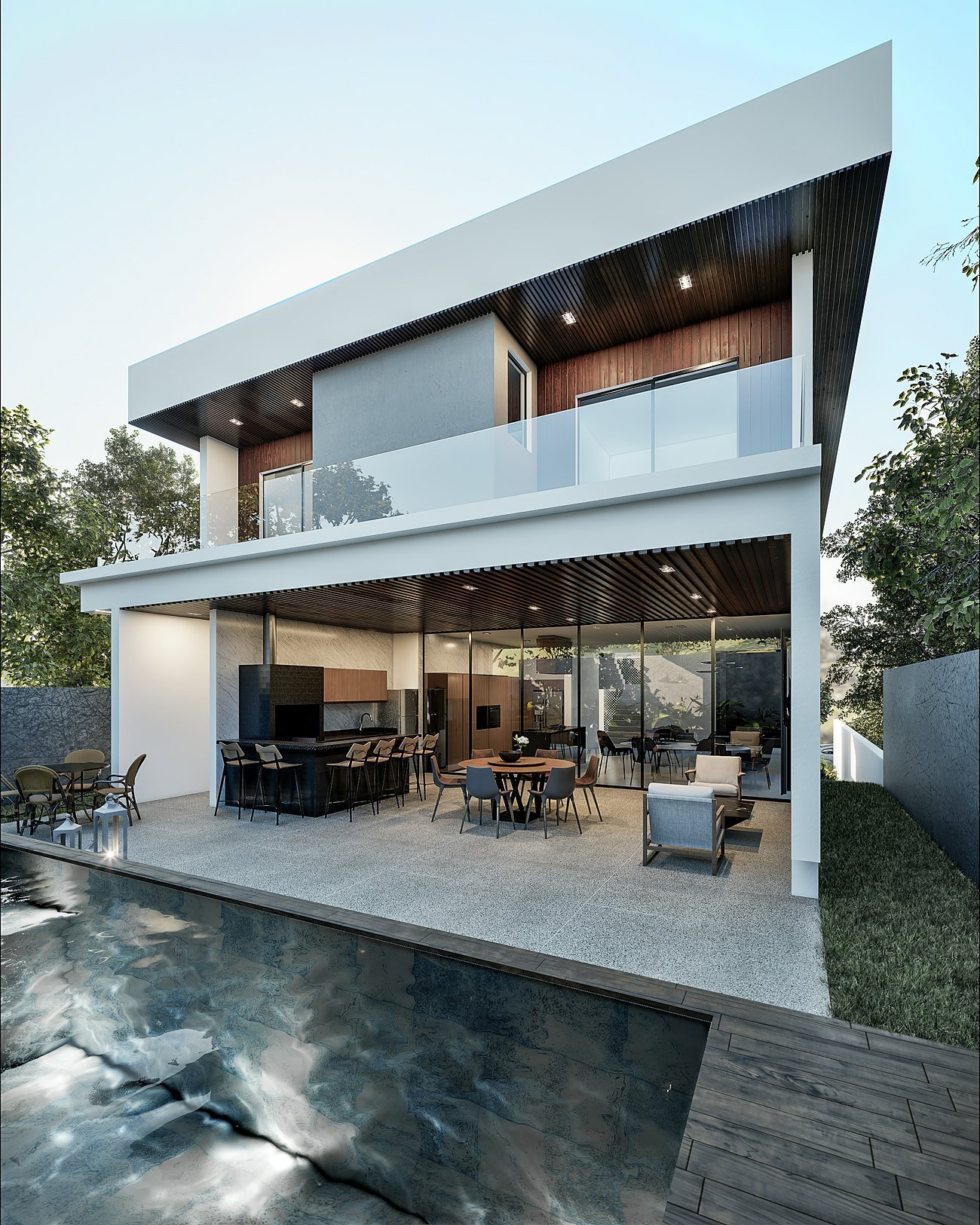 Independent villa exterior with pool — representational imagery