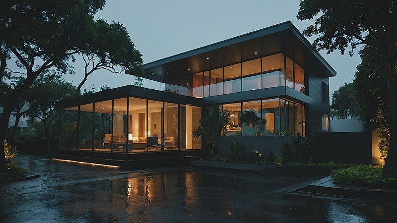 Contemporary residence at dusk, glass walls illuminated — representational imagery